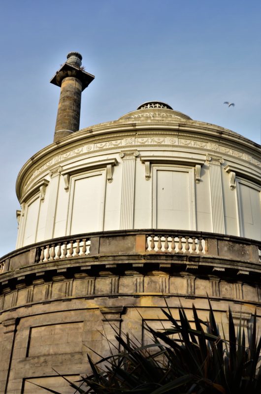 An exterior view of an old water tower building in the city of Perth, Scotland